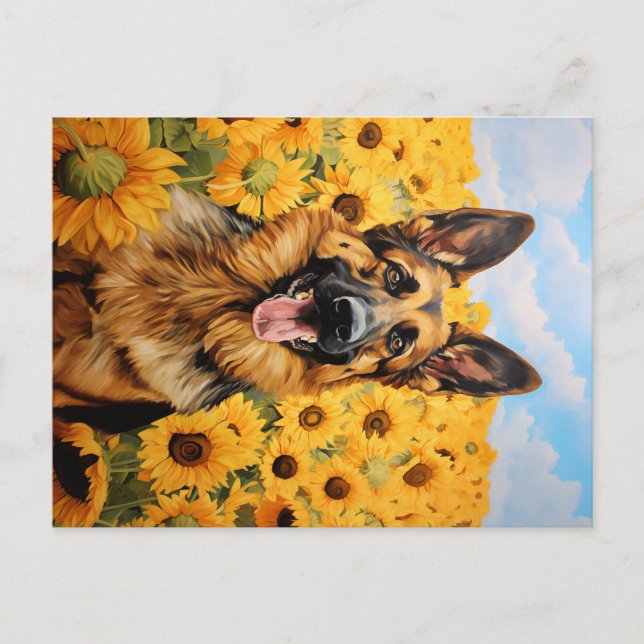 Carte Postale Chien berger allemand en tournesol (Devant)