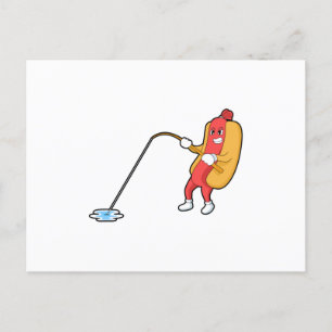 Carte Postale Chien chaud à la pêche avec canne à pêche
