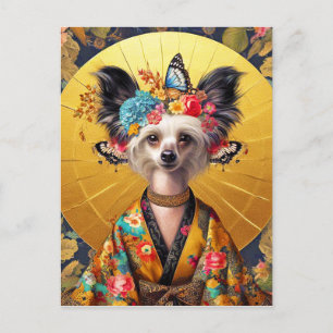 Carte postale - Chien chinois crêté en kimono