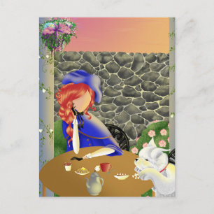 Carte Postale Chien & Dame dans un Café au coucher du soleil Car