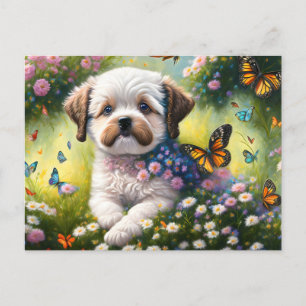 Carte Postale Chien dans les prairies florales avec papillons