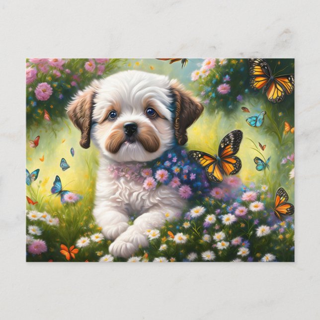 Carte Postale Chien dans les prairies florales avec papillons (Devant)