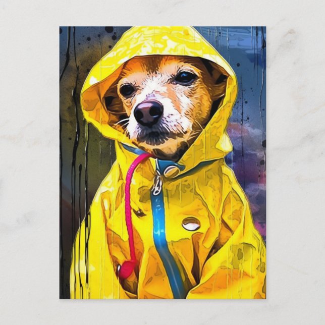 Carte Postale Chien dans un mignon imperméable jaune (Devant)