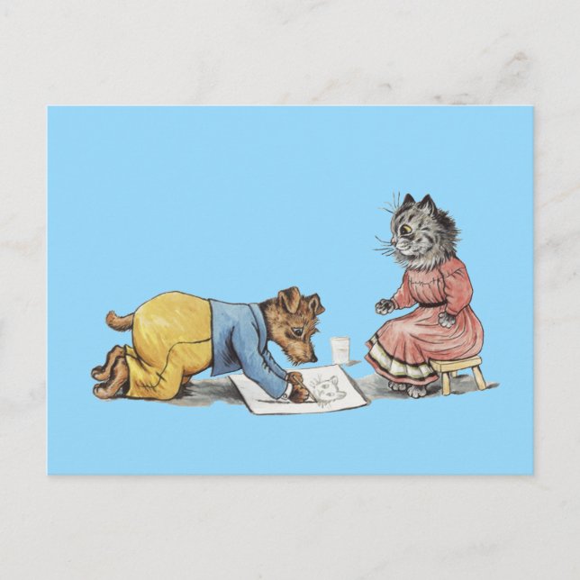 Carte Postale chien d'artiste amusant dessinant un chat (Devant)