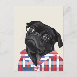 Carte Postale Chien De Carlin Noir Avec Lunettes Et Chemise