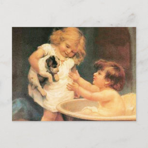 Carte Postale Chien de manchon prenant un bain Antique Vintage