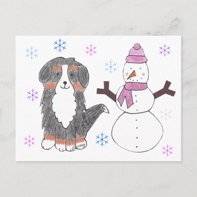 Carte Postale Chien de Montagne bernois & Snowman (Devant)