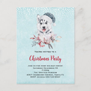 Carte Postale Chien de Noël Husky dans un chapeau de Père Noël