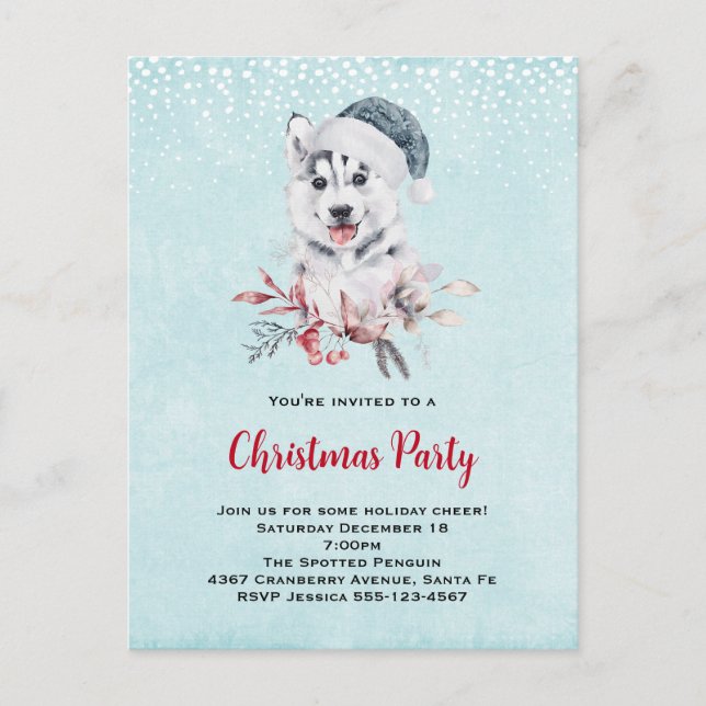 Carte Postale Chien de Noël Husky dans un chapeau de Père Noël (Devant)