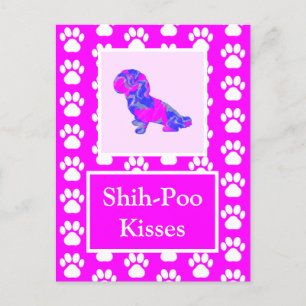 Carte Postale Chien de Poo Shih embrasse Silhouette en rose et b