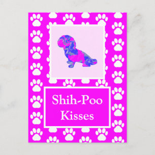 Carte Postale Chien de Poo Shih embrasse Silhouette en rose et b