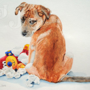 Carte Postale chien de race mixte avec chiot mignon en peluche