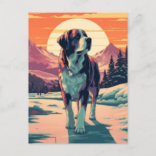 Carte Postale Chien de St.Bernard dans la forêt enneigée au couc