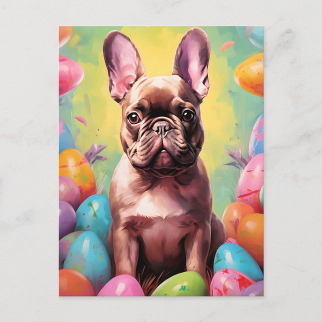 Carte Postale Chien de taureau français heureux Pâques (Devant)