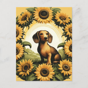 Carte Postale Chien de Vienne Dachshund Art Tournesols          