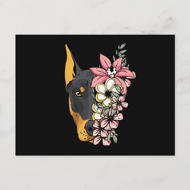 Carte Postale Chien Doberman aux fleurs (Devant)