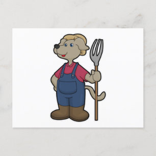 Carte Postale Chien en fermier avec Rake & Casquette