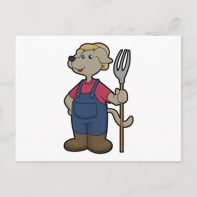 Carte Postale Chien en fermier avec Rake & Casquette (Devant)