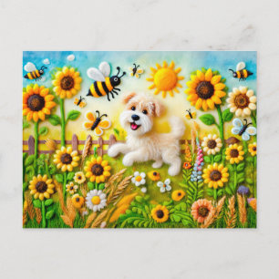 Carte Postale Chien en feutre avec des abeilles dans un jardin d