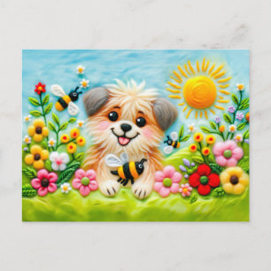 Carte Postale Chien en feutre dans un jardin fleuri avec abeille
