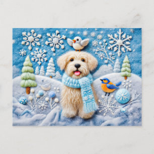 Carte Postale Chien en feutre dans une scène hivernale enneigée