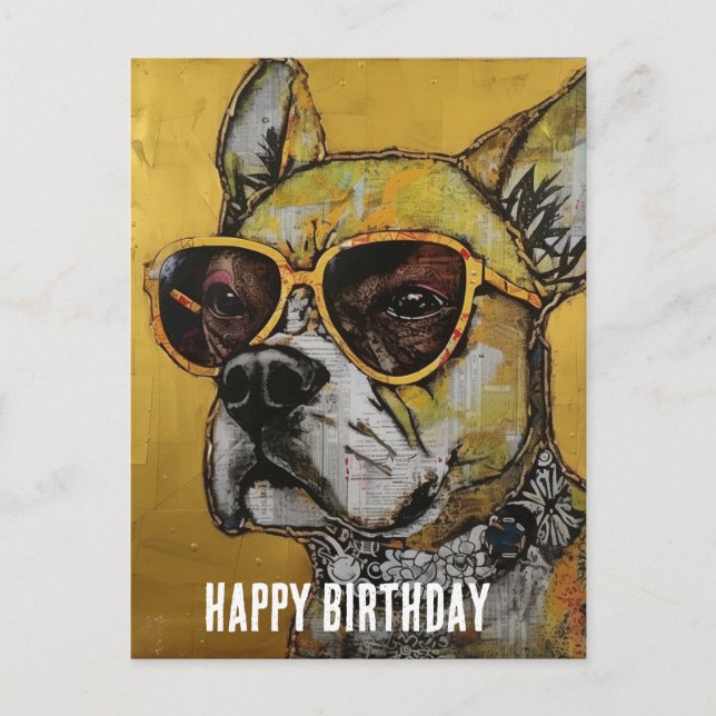 Carte Postale Chien en lunettes jaunes Médias mixtes Anniversair (Devant)