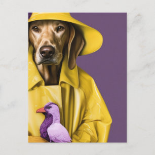 Carte Postale Chien en manteau de pluie jaune avec un oiseau pou