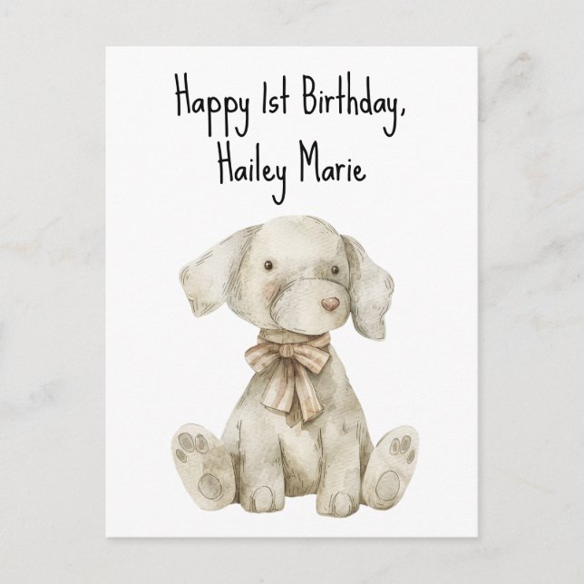 Carte Postale Chien en peluche personnalisé pour premier anniver (Devant)
