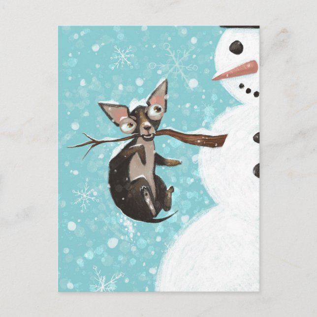 Carte Postale Chien et bonhomme de neige. (Devant)