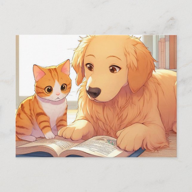 Carte Postale Chien et chat lisant un livre (Devant)