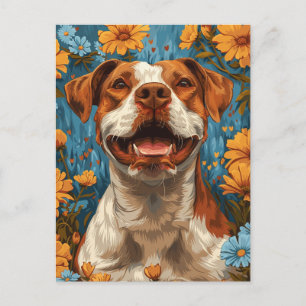 Carte Postale Chien et fleurs Brown et blancs mignons