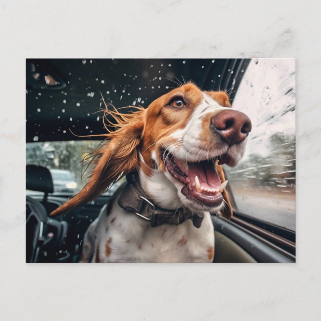Carte Postale Chien excité sur Rainy Car Ride Art (Devant)