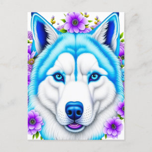 Carte Postale Chien Husky avec yeux et fleurs bleus
