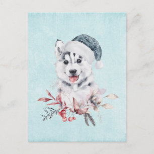 Carte Postale Chien Husky de Noël avec un chapeau de Père Noël