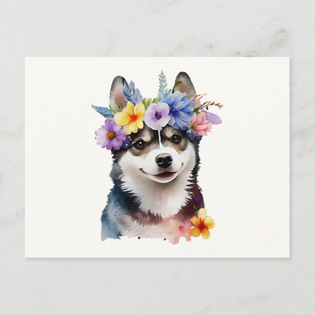 Carte Postale Chien Husky Sibérien Mignon avec des Fleurs  (Devant)