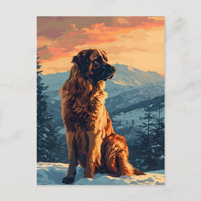 Carte Postale Chien Léonard dans la forêt enneigée au coucher du (Devant)