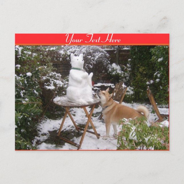 Carte Postale chien mignon avec bonhomme de neige à noël (Devant)