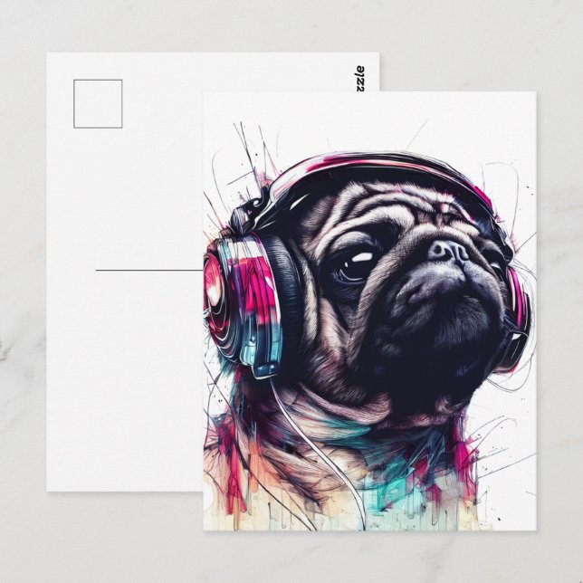 Carte Postale Chien mignon avec casque couleur d'eau illustratio (Devant / Derrière)