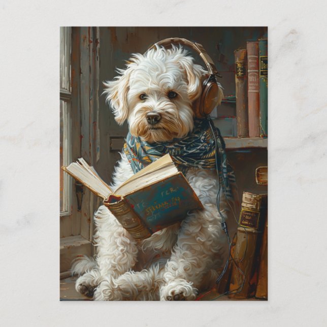 Carte Postale Chien mignon Lire Un Livre (Devant)