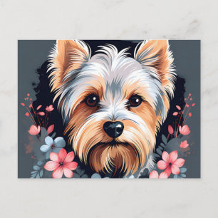 Carte Postale Chien mignon Yorkshire Terrier Fleurs