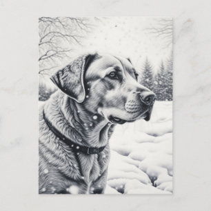 Carte Postale Chien noir et blanc AI croquis scène hivernale