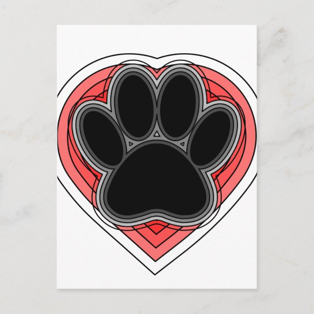 Carte Postale Chien Paw Dans Le Coeur Rouge Avec Les Outlines (Devant)