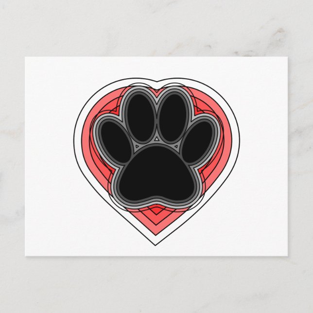 Carte Postale Chien Paw Dans Le Coeur Rouge Avec Les Outlines (Devant)