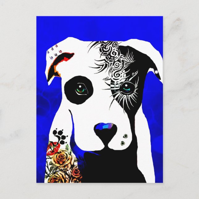 Carte Postale Chien Pitbull avec tatouages et piercings (Devant)