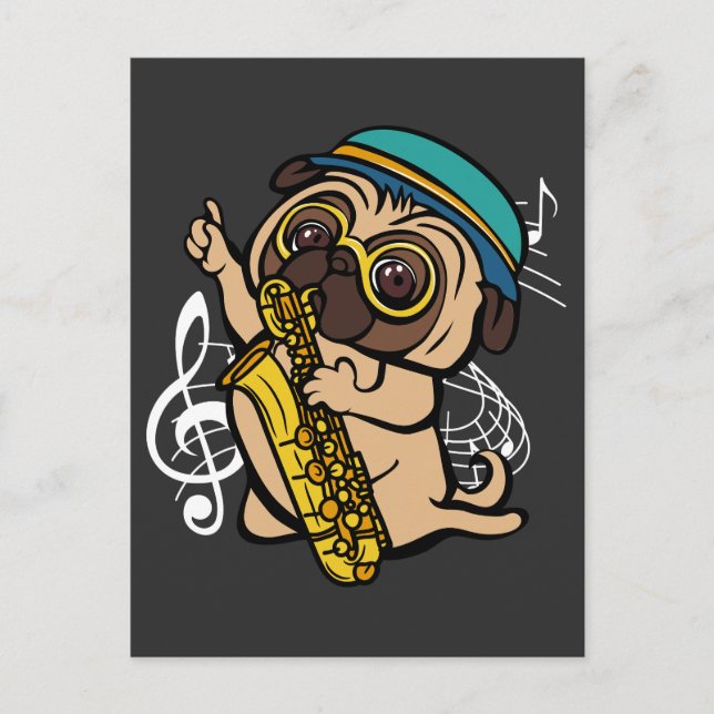 Carte Postale Chien Pug Jouant du Saxophone Musicien (Devant)