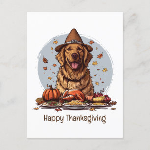 Carte Postale Chien Retriever doré de Thanksgiving heureux