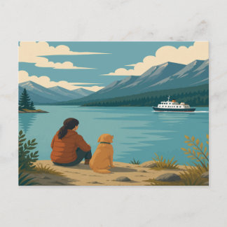 Carte Postale Chien Retriever Doré Lacs Montagne Scénique Ferry