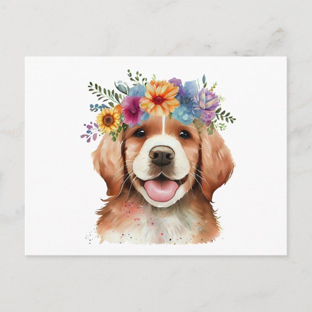 Carte Postale Chien Retriever doré mignon avec des fleurs (Devant)