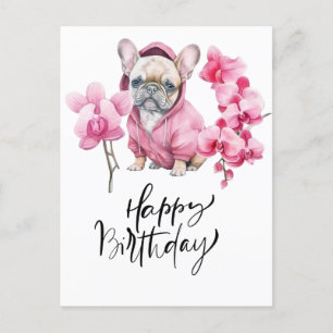 Carte Postale Chien-taureau français avec aquarelle orchidée Ann