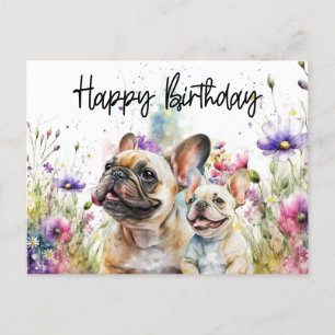 Carte Postale Chien-taureau français en champ de fleurs Annivers